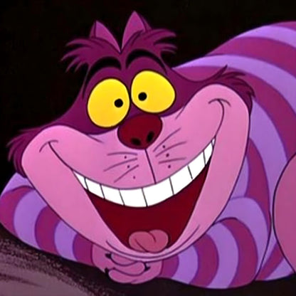 Ilustração do Gato Risonho de Alice no País das Maravilhas com olhos amarelos e sorriso