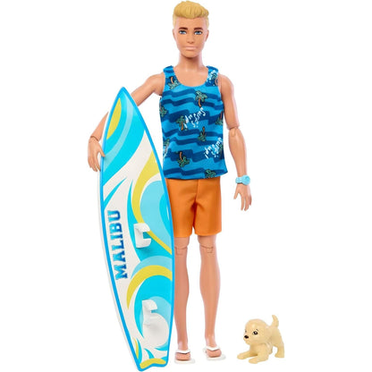 Boneco Ken de camisola azul com prancha Malibu e cachorro
