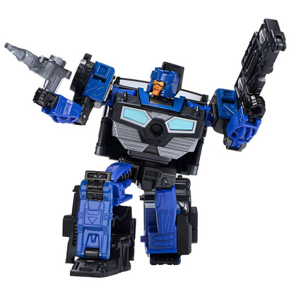 Transformers Legacy Crankcase em modo robô, azul e preto, com armas