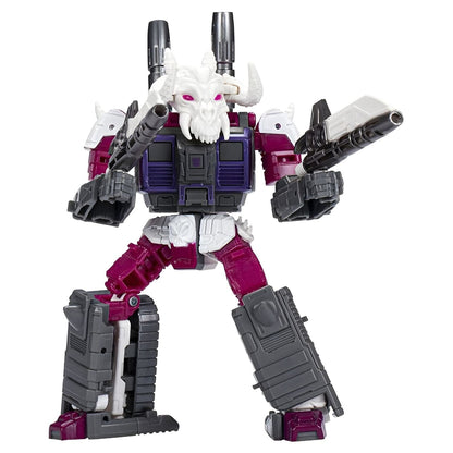 Figura Transformers Legacy Skullgrin em modo robô, roxa e cinzenta
