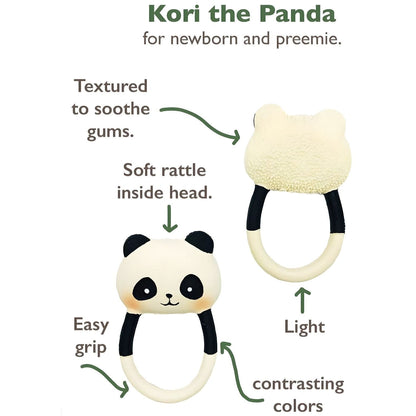 Mordedor Urso Panda com pormenores: textura, guizo suave e argola fácil de agarrar