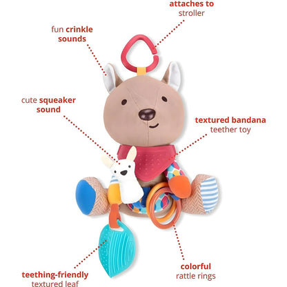 Peluche Canguru com as funções assinaladas: argola, sons, mordedor e argolas