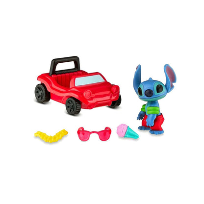 Figura Stitch com colar havaiano, carro vermelho, óculos, gelado e colar amarelo