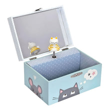 Caixa de joias musical Gato Bailarino aberta, com espelho e figura de gato branco com riscas amarelas