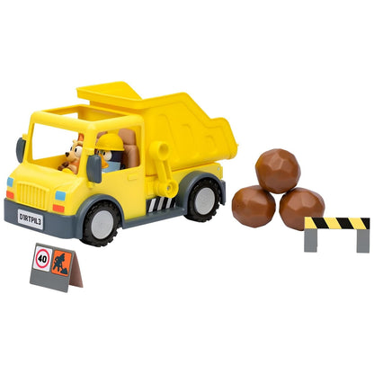 Camião basculante amarelo da Bluey com bolas castanhas, barreira e sinal