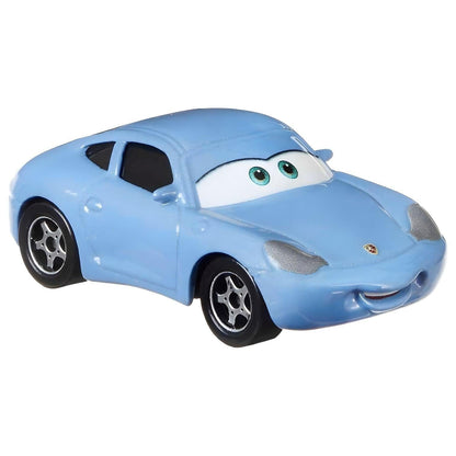 Carro Sally dos Cars Disney em vista lateral frontal direita, com olhos no para-brisas
