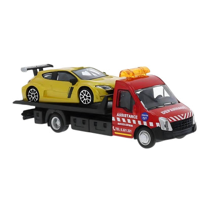 Camião reboque Iveco Daily vermelho a transportar o Renault Megane RS