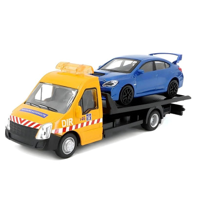 Iveco Daily amarelo e laranja a transportar o Subaru WRX azul