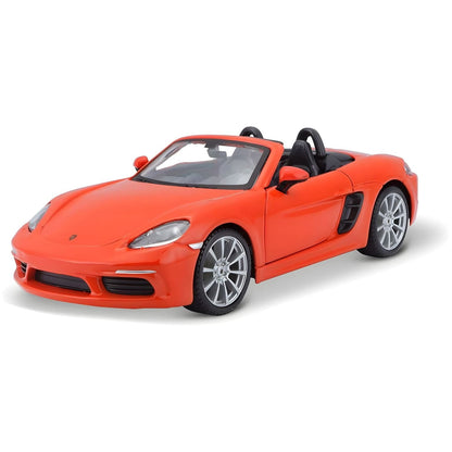 Porsche 718 Boxster 1/24 laranja descapotável visto de frente e de lado