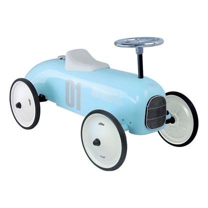 Carro de metal Vintage Azul celeste visto de frente em diagonal