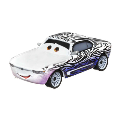 Carro Kay Pillar-Durev de Cars, branco com riscas de zebra, visto de frente