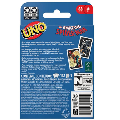 Parte de trás da caixa do Uno The Amazing Spider-Man com regras e código de barras