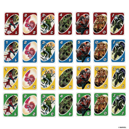 Cartas numeradas do Uno The Amazing Spider-Man em quatro cores com heróis e vilões