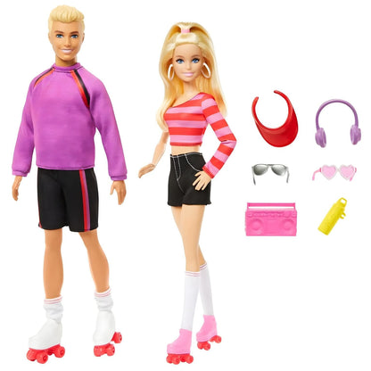 Barbie e Ken de patins com viseira, auscultadores, óculos, rádio e garrafa