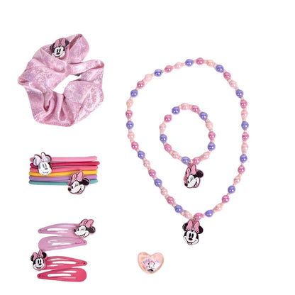 Conjunto de beleza da Minnie Mouse: scrunchie, elásticos, ganchos, colar e anel