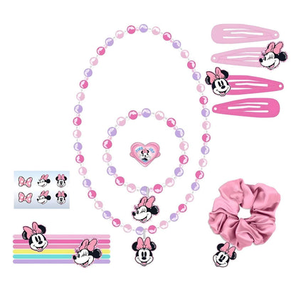 Conjunto de beleza da Minnie Mouse: colar, pulseira, anel, ganchos, elásticos e scrunchie