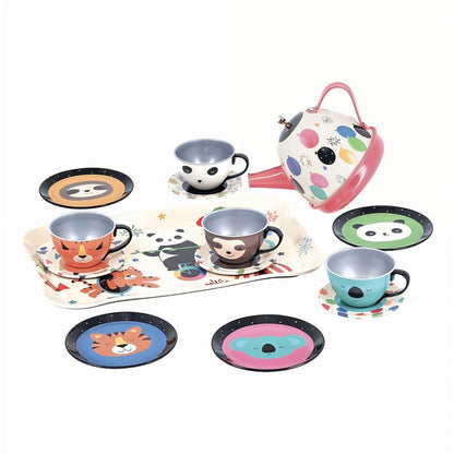 Conjunto de Chá musical Rainbow com bule às bolinhas, chávenas com animais e pratos