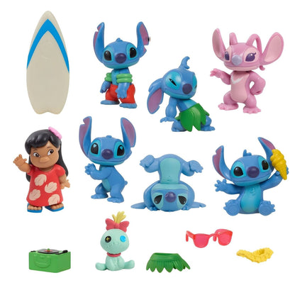 Figuras Stitch, Lilo, Angel e Scrump com prancha de surf e acessórios
