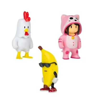 Figuras Stumble Guys galinha, banana de óculos e gato rosa