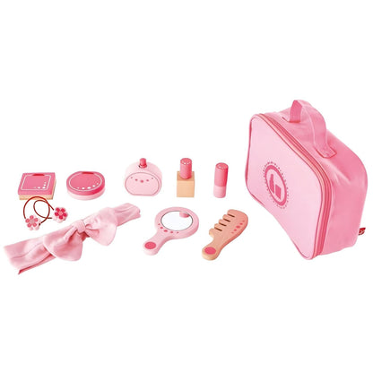 Peças em madeira do Conjunto de beleza Beauty ao lado da bolsa