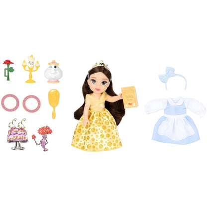 Boneca Bela de vestido amarelo com avental azul, Lumière, Mrs. Potts e acessórios