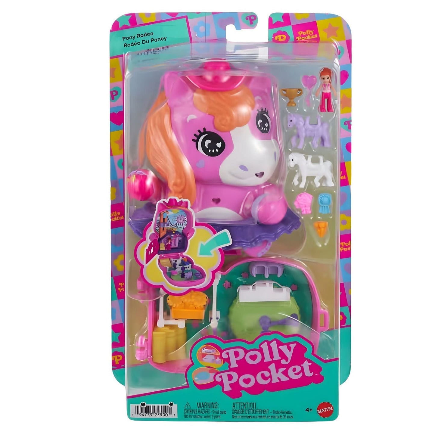 criança a brincar com o compacto Polly Pocket Poney Rodéo com cenário de rodeio e póneis