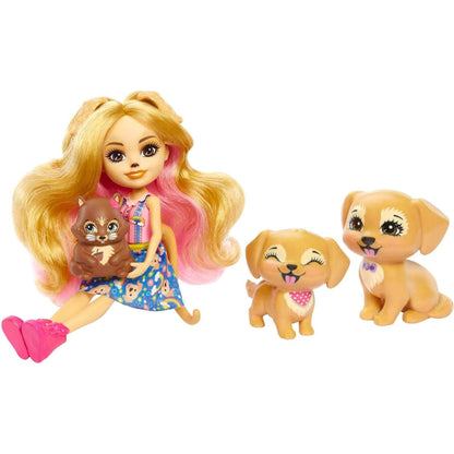 Boneca Gerika sentada ao lado da família de golden retriever