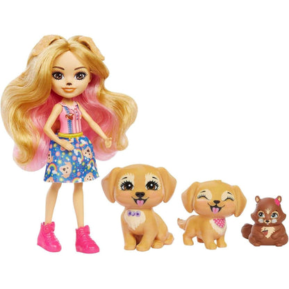 Boneca Gerika Enchantimals com três cães golden retriever e esquilo