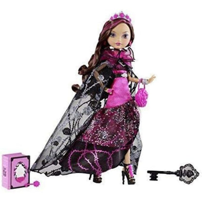 Boneca Briar Beauty com vestido rosa e capa de renda preta, livro e chave