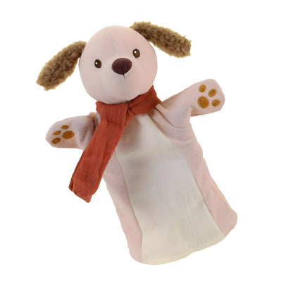 Fantoche de pano Cão bege com orelhas castanhas e lenço vermelho, fundo branco