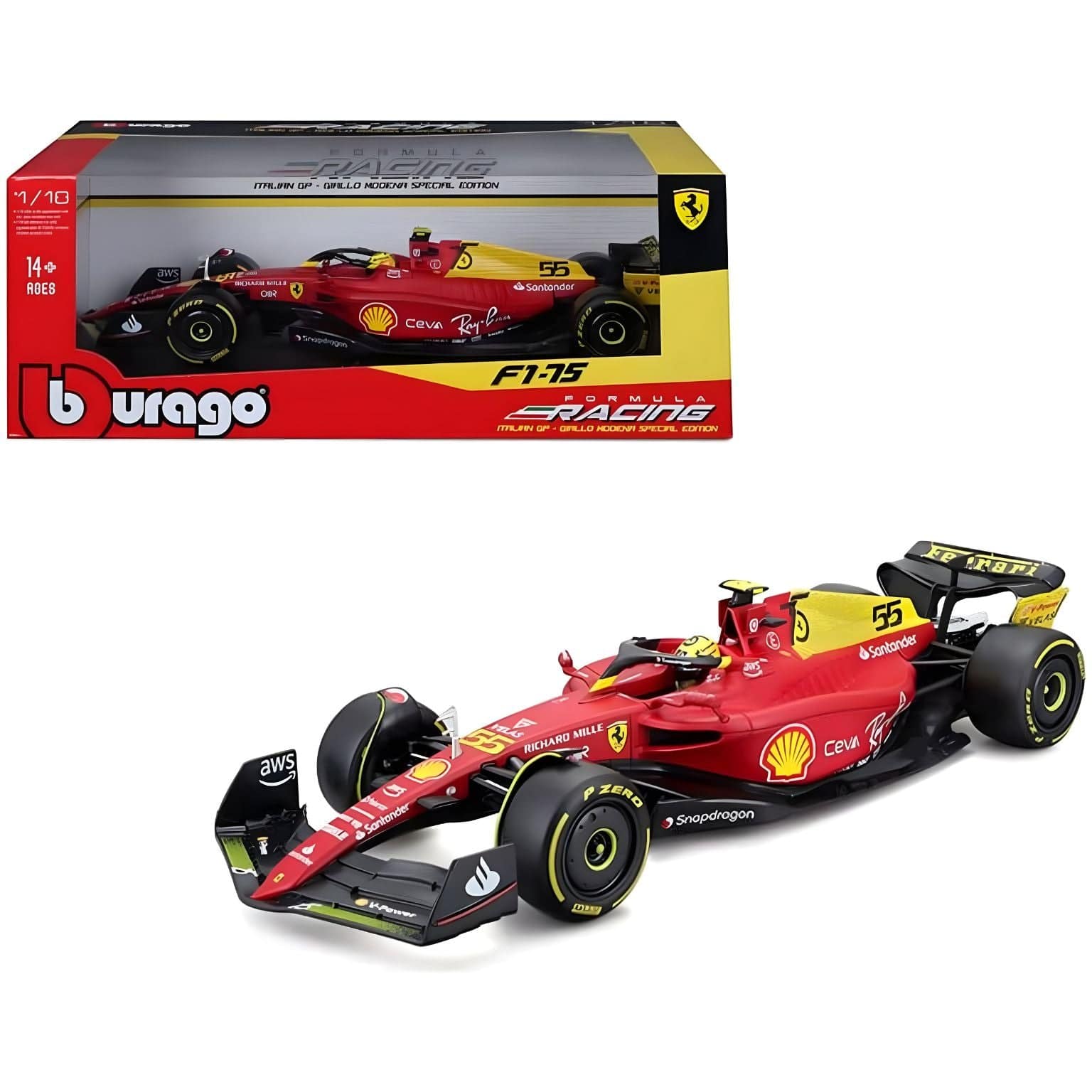 Apresentamos Ferrari F1-75 #55 Carlos Sainz "Giallo Modena" (2022) com o SKU 681154025 recomendado para + 3 anos