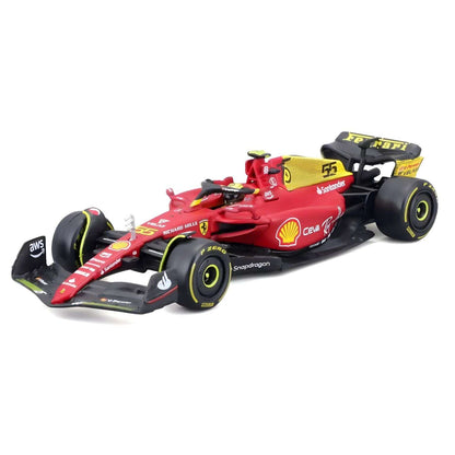 Miniatura Ferrari F1-75 vermelha e amarela com número 55
