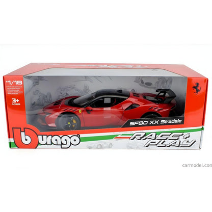 Ferrari SF90 XX Stradale da Bburago à escala 1:18 na caixa, vermelho e preto