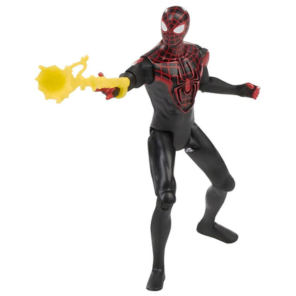 Figura Miles Morales de fato preto e vermelho com efeito de raio amarelo