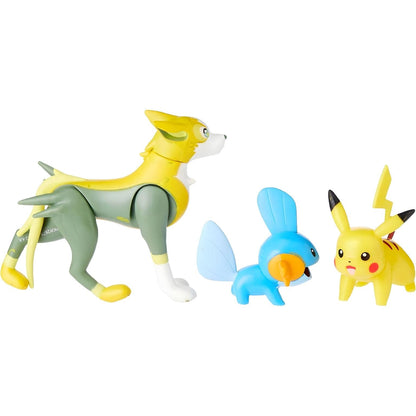 Figuras Boltund, Mudkip e Pikachu vistas de lado