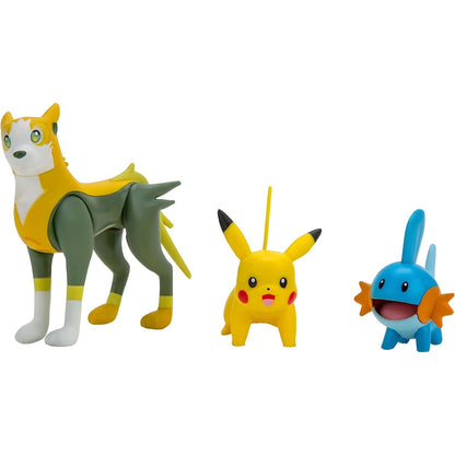 Figuras Pokémon Boltund, Pikachu e Mudkip lado a lado