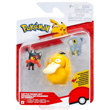 Conjunto de três figuras Pokémon Litten, Psyduck e Frigibax