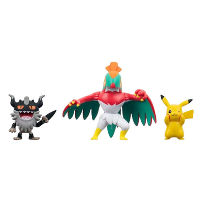Figuras Pokémon: Perrserker, Hawlucha e Pikachu lado a lado