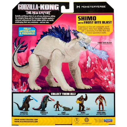 Parte de trás da embalagem Shimo Godzilla x Kong com figuras da coleção Monsterverse
