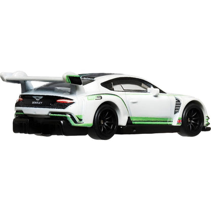 Traseira do Hot Wheels Bentley Continental GT3 branco e verde