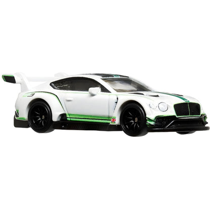 Hot Wheels Bentley Continental GT3 branco com faixas verdes, de lado direito