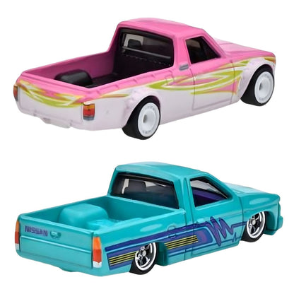 Traseiras das pick-ups Hot Wheels Datsun Sunny Truck e Nissan Hardbody