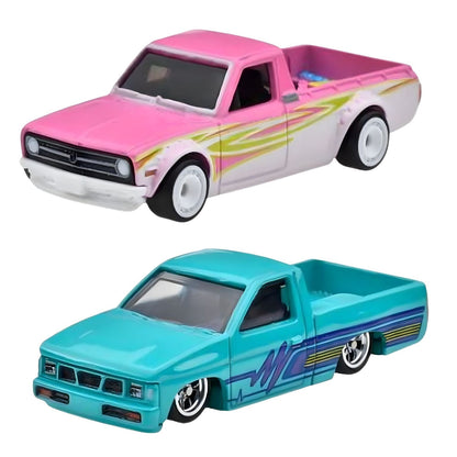 Pick-ups Hot Wheels Datsun Sunny rosa e branca e Nissan Hardbody azul-turquesa