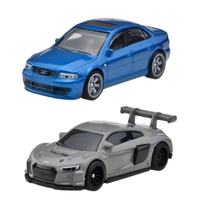 Carros Hot Wheels Audi S4 Quattro azul e Audi R8 LMS cinzento, vista de frente