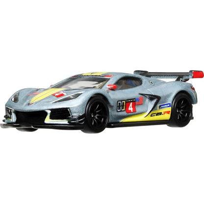 Hot Wheels Corvette C8.R com faixas amarelas visto do lado oposto