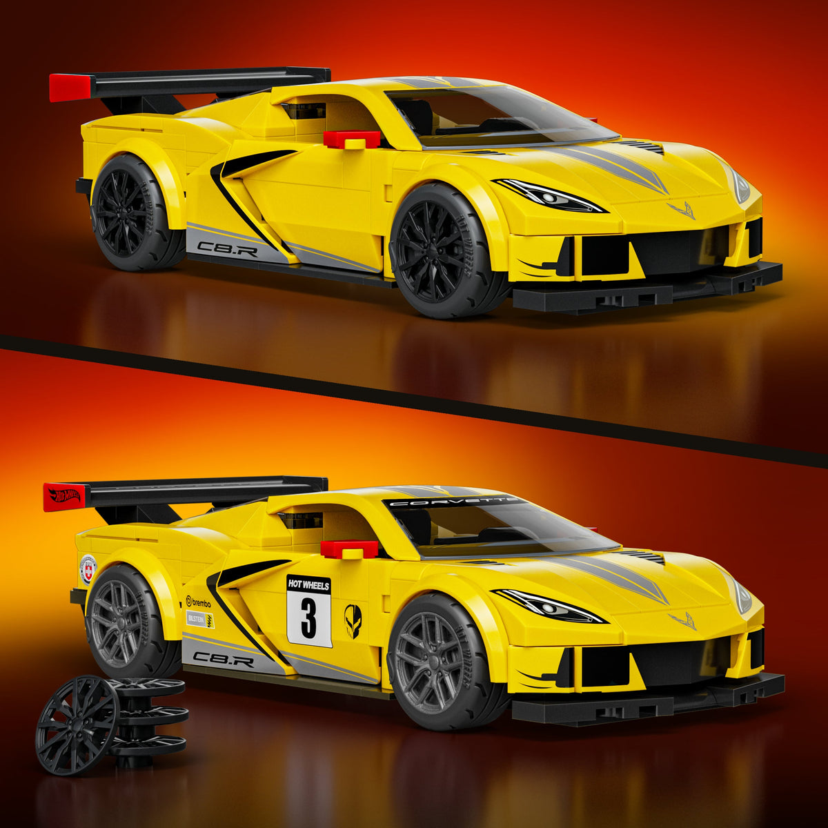 Corvette C8.R amarelo em blocos Mattel Brick Shop, com duas opções de personalização e acabamentos de rodas.