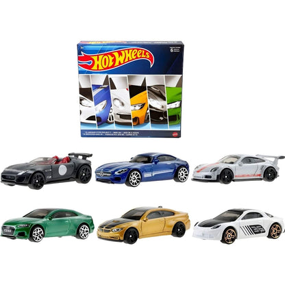 Caixa Hot Wheels European Car Culture com os seis carros à frente