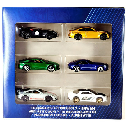 Interior da caixa Hot Wheels European Car Culture com os seis carros