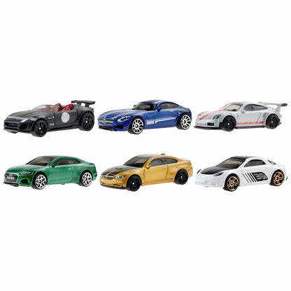 Seis miniaturas Hot Wheels europeias em duas filas