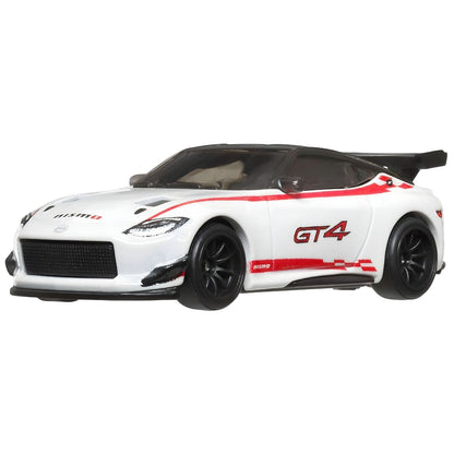 Hot Wheels Nissan Z GT4 2023 de frente com faixas vermelhas